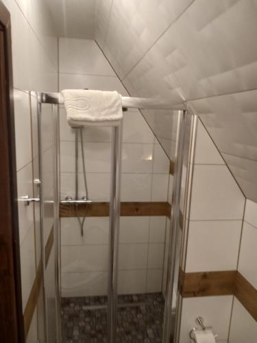a bathroom with a shower with a towel on a rack at Bębenkowie in Białka Tatrzanska