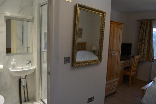 a bathroom with a sink and a mirror on a wall at Large Ensuite room in Oxford