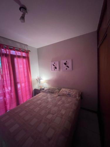 1 dormitorio con 1 cama con cortinas rosas en Departamento céntrico y tranquilo en Villa Marini
