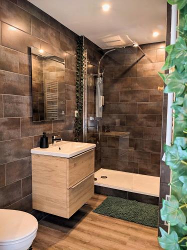 une salle de bain avec un lavabo et une douche dans l'établissement Urban Jungle 42, à Saint-Étienne