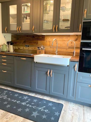 a kitchen with blue cabinets and a sink and a rug at Großes Waldhaus St Martin mit Sauna, Kamin & Natur in Sankt Martin