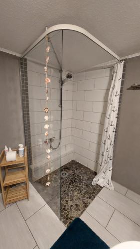 ハリスレーにあるFeWo Auszeitのバスルーム(ガラスドア付きのシャワー付)