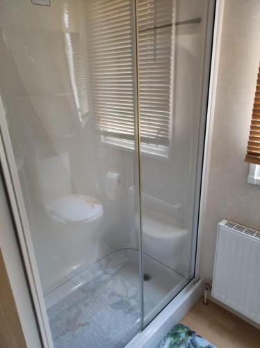 a glass shower with a toilet in a bathroom at Swift johnson in Parkeston