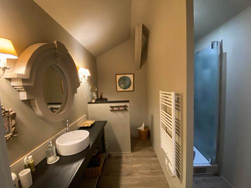 a bathroom with a sink and a shower at la grange aux oiseaux in Arnaville