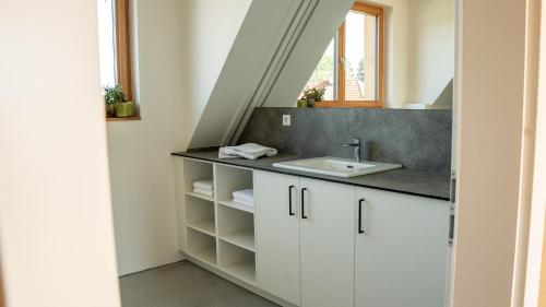 ein Badezimmer mit weißen Schränken und einem Waschbecken in der Unterkunft Öko-Neubau Ferienhaus - KOGELBUCH COMFORT in Nestelbach bei Graz