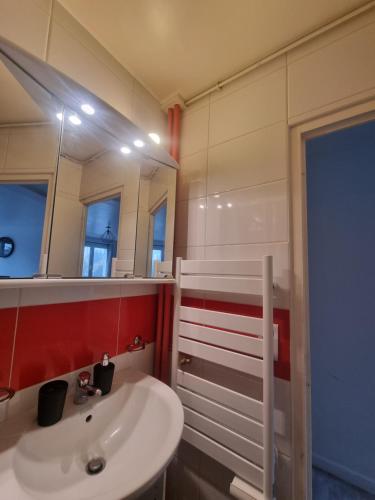 y baño con lavabo blanco y espejo. en Appartement Aurillacois, en Aurillac