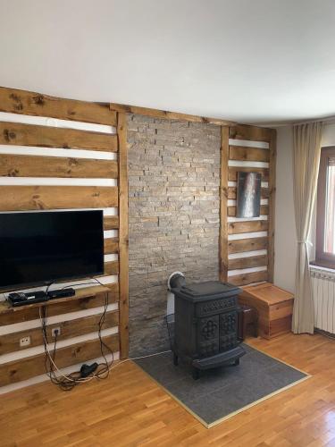 a living room with a television and a stove at Apartmani Košuta- Ljiljana Đokanović in Jahorina