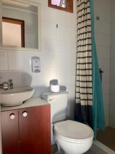 a bathroom with a white toilet and a sink at Apart hotel Aliwe matrimonial in Arauco