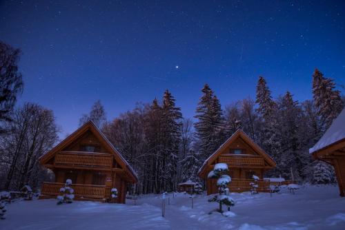 a couple of log homes in the snow at night at Górskie Wytchnienie Domki Karkonosze in Piechowice