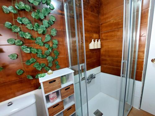 uma casa de banho com um chuveiro e um WC. em Casa Mencía em Camponaraya