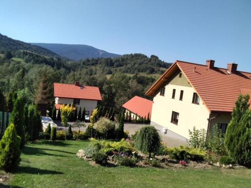 uma casa com um telhado vermelho e um quintal em Agroturystyka u Rysia em Kamienna
