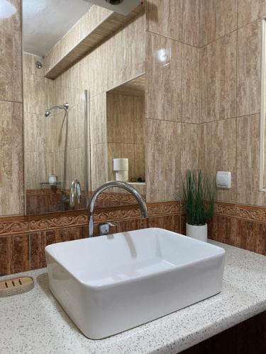 La salle de bains est pourvue d'un grand lavabo blanc sur un comptoir. dans l'établissement VillaOldMariner, à Prčanj
