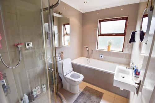a bathroom with a toilet and a shower and a sink at Pearlmar Views in Cape Town