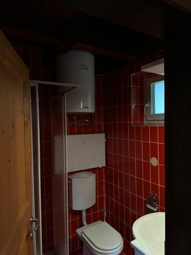 a red tiled bathroom with a toilet and a sink at Apartma Tisa in Zreče