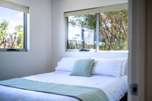 a bed in a room with two windows at Hazards Escape - the Top Shack & the Short Stack in Coles Bay