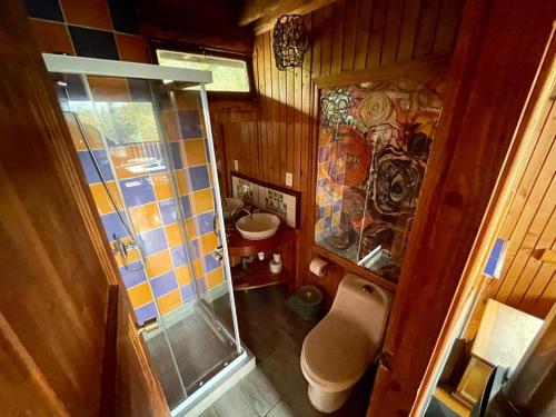 vistas a un baño con ducha y aseo en Cabañas Kalfvgen, en Valdivia