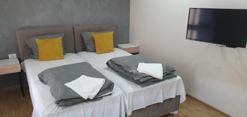 Duas camas com almofadas e uma televisão num quarto em Apartmani Stara Skola 