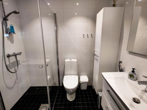 y baño con ducha, aseo y lavamanos. en Waterfront 1 Bedroom Skyscraper Suite - 18th Floor - Free Garage Parking en Helsinki