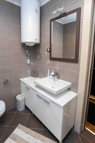 a bathroom with a sink and a mirror and a toilet at Apartman W Residence in Kopaonik