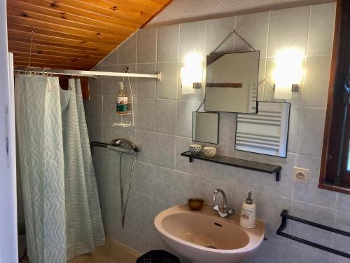 a bathroom with a sink and a mirror and a shower at Chez papa et maman in Eaux-Bonnes