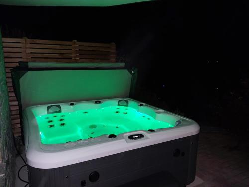 a green bath tub in a dark room at Ferienhaus Kraxlhütte Kärnten in Velden am Wörthersee