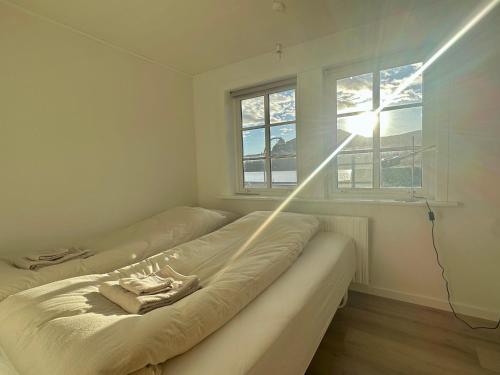 uma sala de estar com um sofá em frente a uma janela em House in Fuglafjørður em Fuglafjørður