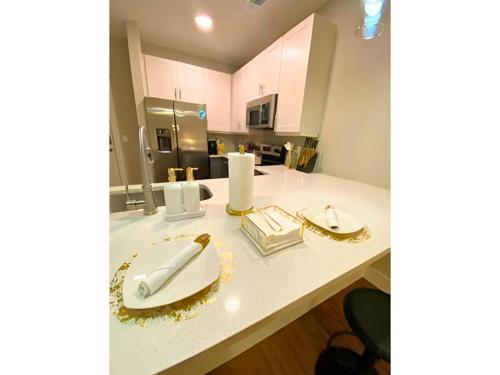 a kitchen counter with plates and napkins on it at Ft Worth 1BR Luxury Retreat in Fort Worth
