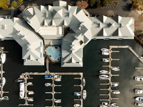 an overhead view of a marina with boats parked at Sheraton Sonoma Wine Country Petaluma in Petaluma