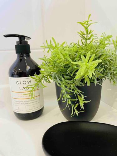 a bottle of soap and a potted plant on a counter at Tide 'n' Seek: Family Beach House with Games Room in Vincentia