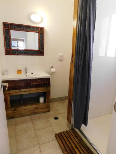 a bathroom with a sink and a mirror at Riverbend Cottage Cabin - Little Heaven in Nambour