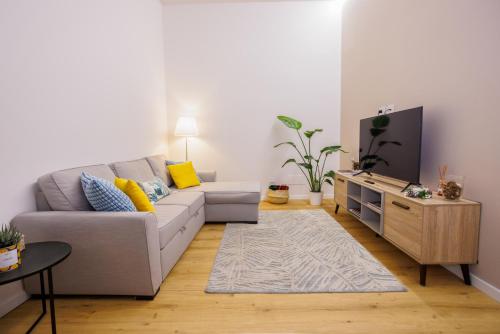 a living room with a couch and a tv at Feltrinelli Suite in Modena