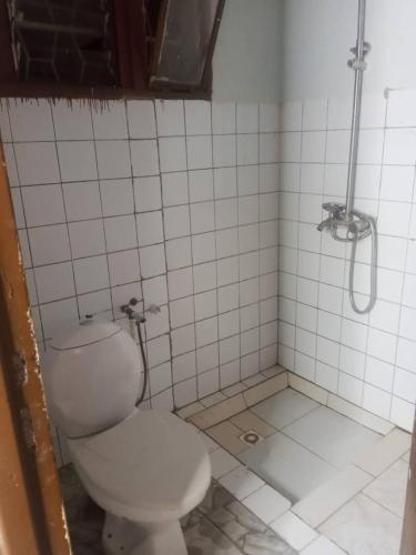 a bathroom with a toilet and a tiled shower at PagersHome Suites- RUSTIC in Kigali