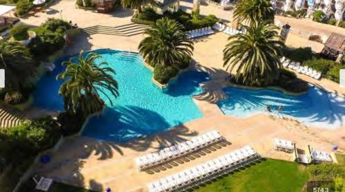 uma vista aérea de uma piscina de resort com palmeiras em HIPPOCAMPUS RESORT CONCON em Concón