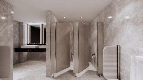 a bathroom with wooden dividers in a bathroom at Platinum Hotel Jimbaran Beach Bali in Jimbaran
