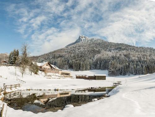 a snow covered mountain with a house and a river at Waldhof Fuschlsee Resort in Fuschl am See