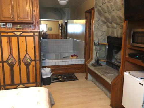a kitchen with a stove and a fireplace at Creek Runner's Lodge in Big Bear Lake