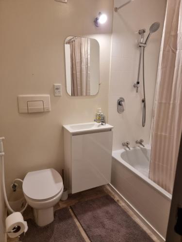 uma casa de banho com um WC, um lavatório e uma banheira em Entire ground floor with full-privacy and family-friendly popular to ferry catchers em Wellington