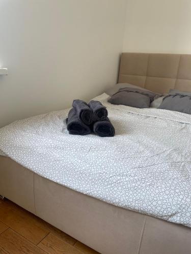 two beds with a blue towel on top of them at Apartament Szczytno II in Szczytno