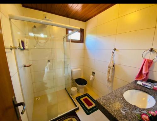 La salle de bains est pourvue d'une douche en verre et d'un lavabo. dans l'établissement Lindo Sítio Em Domingos Martins, à Domingos Martins