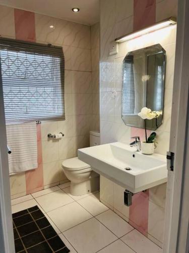 a bathroom with a sink and a toilet and a mirror at musgrave manors villa in Durban