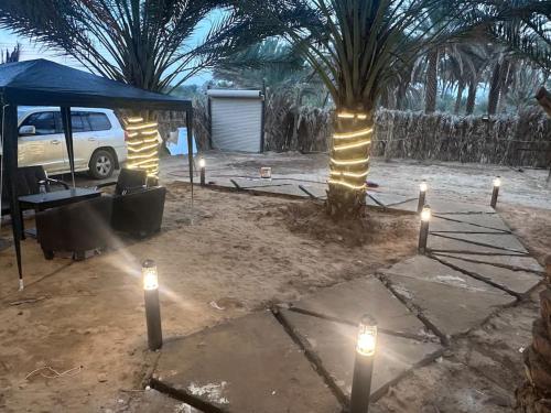 a group of candles around a palm tree with a tent at كوخ ريفي داخل مزرعه in Madain Saleh