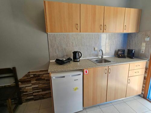 a small kitchen with a sink and a refrigerator at Galini Apartments Sikinos Travel in Sikinos