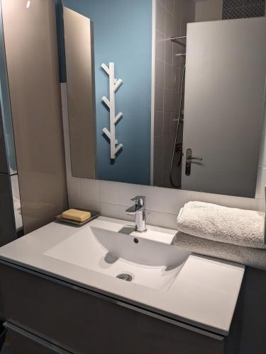 une salle de bain avec un lavabo blanc et un miroir dans l'établissement Joli studio proche des thermes, à Aix-les-Bains