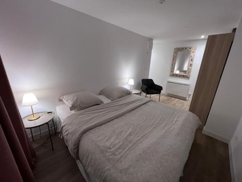 une chambre avec un lit, une table et une chaise dans l'établissement LE 47, à Strasbourg