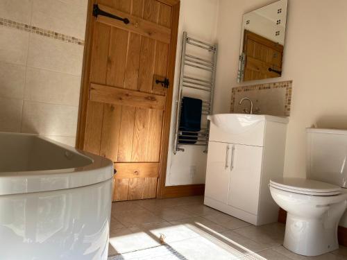 a bathroom with a toilet and a sink and a tub at Mallards Barn on a rural farm in Dingestow