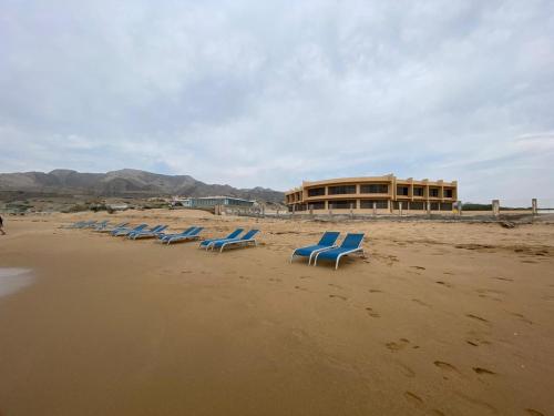 rząd niebieskich leżaków na plaży w obiekcie Kundmalir Gold Coast Beach Resort 