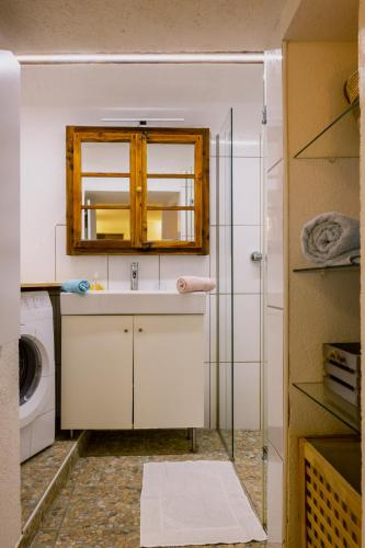a bathroom with a sink and a glass shower at Appartement Central in Hall in Tirol