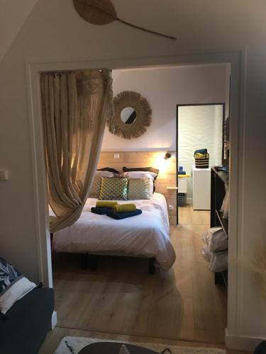 1 dormitorio con cama y espejo grande en Cosy & Tendance Spa, en Poitiers