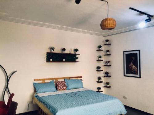 een slaapkamer met een bed en een aantal planten aan de muur bij Access Inn in Accra