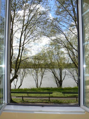 a window with a view of a park with benches at Logement vue Garonne in Bordeaux